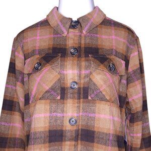 BB Dakota Steve Madden Womens Shacket XL Brown & Pink Plaid Boxy Long Sleeve